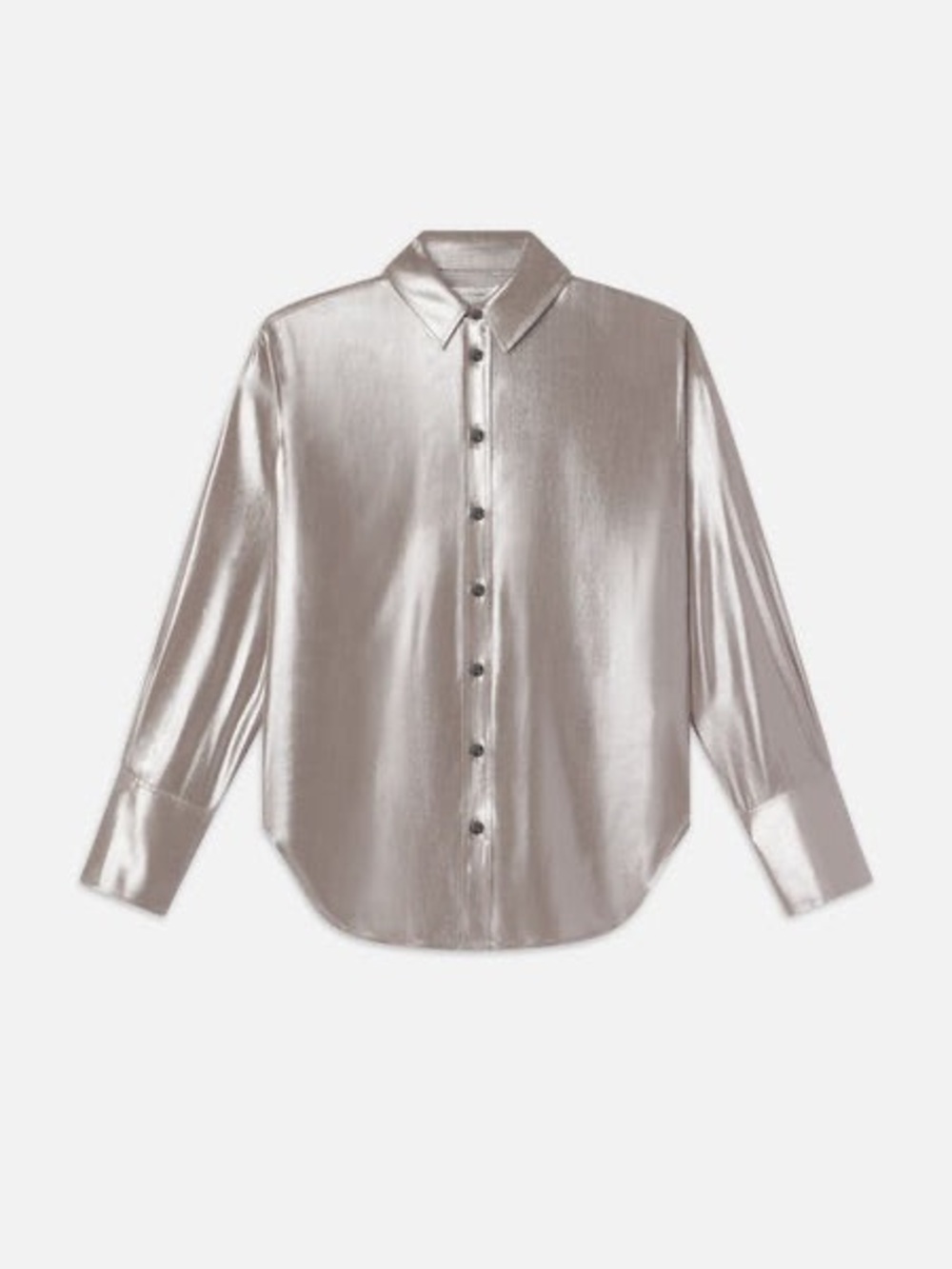 Metallic Silver Button-Up Satin Blouse